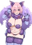  1girl animal_ears blue_legwear blush breasts commentary_request eyebrows_visible_through_hair eyes_visible_through_hair fang fate/grand_order fate_(series) fur-trimmed_collar fur-trimmed_gloves fur-trimmed_legwear fur-trimmed_sleeves fur_trim gloves halloween_costume lace-trimmed_legwear lace_trim large_breasts looking_at_viewer mash_kyrielight mash_kyrielight_(dangerous_beast) muta_poo navel open_mouth paw_pose pink_hair purple_eyes short_hair smile solo tail 