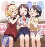  +++ 3girls :d ^_^ bangs black_hair blonde_hair blue_shirt blue_skirt blush bow bunny_hair_ornament closed_eyes commentary couch dress eyebrows_visible_through_hair feeding feet_out_of_frame food fruit girl_sandwich hair_bow hair_ornament hairband hairclip highres holding holding_spoon idolmaster idolmaster_cinderella_girls indoors locked_arms long_hair multiple_girls on_couch open_mouth parfait plaid plaid_pillow plaid_skirt pleated_skirt puffy_short_sleeves puffy_sleeves red_bow red_dress red_hairband sakurai_momoka sandwiched sasaki_chie shirt short_sleeves sitting skirt smile spoon strawberry tachibana_arisu translated white_shirt white_skirt yellow_shirt yukie_(kusaka_shi) 