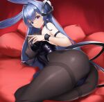  1girl animal_ears arm_strap ass azur_lane black_legwear blue_eyes blue_hair blue_leotard breasts cameltoe closed_mouth commentary covered_nipples cowboy_shot eyebrows_visible_through_hair fake_animal_ears hair_between_eyes headpiece highres large_breasts leotard light_smile long_hair looking_at_viewer lying nevin_(flyskying) new_jersey_(azur_lane) new_jersey_(exhilarating_steps!)_(azur_lane) official_alternate_costume on_side pantyhose pillow playboy_bunny rabbit_ears sleeveless solo sweatband symbol-only_commentary thick_thighs thighband_pantyhose thighs wristband 