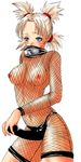  artist_request blonde_hair blue_eyes bodysuit breasts covered_nipples dildo embarrassed fishnet_bodysuit fishnets forehead_protector medium_breasts naruto naruto_(series) nipples quad_tails solo strap-on sweatdrop temari 