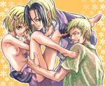  2boys barefoot breasts carrying clothed_male_nude_female feet godai_shinobu katsuragi_yako majin_tantei_nougami_neuro medium_breasts multiple_boys nipples nougami_neuro nude short_hair skirt suika_(suika-dokei) 