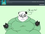 2018 4:3 5_fingers anthro ask_blog batspid2 bear big_breasts black_body black_claws black_eyebrows black_eyelashes black_fur black_nose breasts claws clothing dialogue digital_drawing_(artwork) digital_media_(artwork) double_chin ear_markings english_text exclamation eyebrow_through_hair eyebrows facial_markings female fingers flat_colors front_view fur giant_panda glistening glistening_eyes green_background green_clothing green_eyes green_topwear grey_pawpads hair head_markings hoodie looking_at_viewer mammal markings mask_(marking) multicolored_body multicolored_fur nipple_outline obese obese_anthro obese_female open_mouth overweight overweight_anthro overweight_female pawpads simple_background smile sofia_(batspid2) solo text topwear translucent translucent_hair two_tone_body two_tone_fur white_body white_fur white_hair