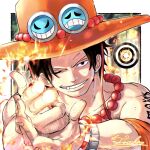  1boy bead_necklace beads black_hair cowboy_hat finger_gun fire freckles goggles goggles_on_headwear hat highres jewelry log_pose male_focus necklace one_piece portgas_d._ace smile solo tacchan56110 tattoo topless_male 