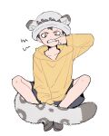  1boy aged_down annoyed black_hair child finger_to_mouth hat highres hood hoodie leopard_boy leopard_tail looking_at_viewer male_focus mm_mofu_uu one_piece panther_print pants short_hair solo tail trafalgar_law yellow_eyes yellow_hoodie 