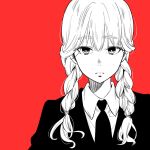  1girl braid closed_mouth collared_shirt edomon-do frown greyscale_with_colored_background hair_over_shoulder jacket long_sleeves looking_at_viewer monochrome necktie original portrait red_background shirt simple_background solo straight-on suit twin_braids twintails upper_body 