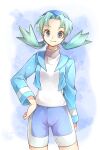  1girl alternate_color bike_shorts blue_eyes blue_hair blue_headwear blue_jacket blue_shorts closed_mouth hair_intakes hand_on_hip highres jacket kris_(pokemon) long_hair long_sleeves looking_at_viewer low_twintails open_clothes open_jacket pokemon pokemon_(game) pokemon_gsc shorts smile solo standing sweater turtleneck turtleneck_sweater twintails white_sweater yomogi_(black-elf) 