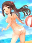  1girl ass ball beach bikini blue_sky bow breasts brown_eyes brown_hair from_behind hair_bow highres long_hair looking_at_viewer nomio ocean open_mouth original outdoors red_bow sideboob sky solo standing swimsuit teeth twintails upper_teeth_only white_bikini 