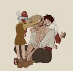  1girl 2boys aged_down black_hair closed_eyes commentary facial_hair full_body hair_rings hat headphones highres l2vxugjvw8t4tqo long_hair monkey_d._luffy multicolored_hair multiple_boys one_piece one_piece_film:_red open_mouth red_hair shanks_(one_piece) shirt short_hair simple_background smile split-color_hair straw_hat teeth two-tone_hair uta_(one_piece) white_hair white_shirt 
