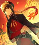  1boy belt black_cape cape dutch_angle family_crest fate/grand_order fate_(series) flower gloves hat highres katana long_hair long_sleeves looking_back looking_down low_ponytail military_hat oda_nobukatsu_(fate) oda_uri otoko_no_ko parted_lips ponytail red_background red_shirt rokufuji_m shako_cap shirt sidelocks solo spider_lily sword twitter_username weapon white_gloves 