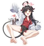  1girl ahoge bare_legs barefoot black_hair black_horns black_shorts black_tail blue_archive blush coat collared_shirt demon_horns feet hair_intakes highres horns kasumi_(blue_archive) legs long_hair looking_at_viewer mono_(mono_mon) open_mouth red_shirt shirt shirt_tucked_in shorts sleeves_past_fingers sleeves_past_wrists smile soles solo tail toenails toes white_coat yellow_eyes 