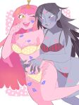  2girls adventure_time bite_mark black_hair blush border bra clenched_hand colored_skin couple fang feet_out_of_frame fingernails frilled_bra frilled_panties frilled_underwear frills grabbing grabbing_from_behind grey_skin half-closed_eyes hand_on_another&#039;s_stomach hand_up highres knee_up laughing lipstick_mark looking_at_another marceline_abadeer multiple_girls one_eye_closed open_mouth panties parted_bangs pink_hair pink_skin pointy_ears polka_dot polka_dot_background polka_dot_bra polka_dot_panties princess_bonnibel_bubblegum sharp_fingernails sketch skin_fang smile striped striped_underwear tiara tokimekiwaku underwear underwear_only white_border yellow_bra yellow_panties yuri 