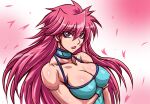  1girl bare_shoulders breasts cleavage collarbone crossed_arms falling_petals hair_flowing_over highres large_breasts long_hair looking_at_viewer mighty_yukiko muscular muscular_female open_mouth petals purple_eyes retro_artstyle shiny_skin sketch solo spiked_hair taroimo_(00120014) white_background wrestle_angels wrestling 