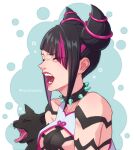  1girl artist_name bare_shoulders black_cat black_collar black_fur black_hair blue_background body_markings breasts cat closed_eyes collar diagonal_bangs drill_hair epuusa fangs hair_horns han_juri highres medium_hair multicolored_hair open_mouth pink_hair snout spiked_collar spikes streaked_hair street_fighter street_fighter_6 teeth tongue tongue_out twin_drills twitter_username two-tone_background upper_body whiskers white_background yawning 