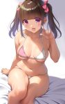  1girl :d absurdres akihiro0920 arm_support bare_arms bed_sheet bikini blunt_bangs breasts brown_hair collarbone commentary_request hair_ribbon highres index_finger_raised large_breasts legs_together looking_at_viewer micro_bikini navel open_mouth original purple_eyes ribbon sidelocks sitting small_breasts smile solo swimsuit thighs twintails two-tone_bikini white_bikini 