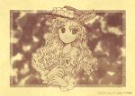  1girl chisa_yasunaga closed_mouth collared_shirt cross dolls_in_pseudo_paradise expressionless fedora frilled_hat frilled_sleeves frills hat hat_feather highres holding holding_cross jacket_girl_(dipp) long_hair looking_at_viewer parted_bangs sepia shirt solo touhou vest wavy_hair 