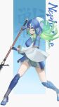  alternate_costume armor blue_background character_name commentary commentary_request fighting_stance fire_emblem fire_emblem:_path_of_radiance green_eyes green_hair halberd helmet holding holding_polearm holding_weapon japanese_armor kabuto_(helmet) kote kusazuri long_hair mixed-language_commentary nephenee_(fire_emblem) open_mouth polearm two-tone_background weapon white_background yonaga_nagaduki 