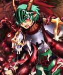  1boy alternate_color armor bangs blush breastplate cape commentary_request cowboy_shot cross emon-yu green_armor green_hair horns leg_armor looking_down lord_knight_(ragnarok_online) open_mouth pauldrons plume pointy_ears ragnarok_online red_cape red_eyes short_hair shoulder_armor slime_(substance) solo tentacles tentacles_on_male upper_teeth visor_(armor) 