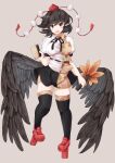  1girl black_hair black_legwear black_ribbon black_skirt black_wings collared_shirt frilled_skirt frills geta hat hauchiwa jyaoh0731 kneehighs notebook pom_pom_(clothes) red_eyes red_footwear ribbon shameimaru_aya shirt skirt solo tengu tengu-geta thighhighs tokin_hat touhou white_shirt wings zettai_ryouiki 