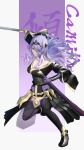  1girl alternate_costume armor camilla_(fire_emblem) character_name commentary commentary_request fire_emblem fire_emblem_fates full_body gauntlets gloves hair_over_one_eye holding holding_sheath holding_sword holding_weapon long_hair mixed-language_commentary pink_eyes purple_background purple_gloves purple_hair sheath smile solo standing standing_on_one_leg sword teeth tiara two-tone_background weapon white_background yonaga_nagaduki 