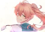  1boy fate_(series) floating_hair from_behind green_eyes hair_between_eyes labcoat lanyard long_hair looking_at_viewer male_focus one_eye_closed ponytail portrait romani_archaman simple_background smile solo try_(lsc) white_background 