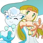  1girl alolan_form alolan_vulpix bangs blonde_hair braid closed_mouth collared_dress commentary_request dress eyelashes gen_7_pokemon green_eyes hat highres kuroki_shigewo lillie_(pokemon) long_hair looking_at_viewer outstretched_arms pokemon pokemon_(anime) pokemon_(creature) pokemon_sm_(anime) simple_background sleeveless sleeveless_dress smile spread_fingers sun_hat sundress twin_braids white_background white_dress white_headwear 