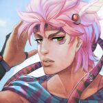  1boy 2020 absurdres andarix battle_tendency caesar_anthonio_zeppeli commentary english_commentary facial_mark feather_hair_ornament feathers green_eyes hair_ornament headband highres jojo_no_kimyou_na_bouken male_focus parted_lips pink_hair portrait signature solo 