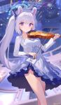  1girl ainy blue_archive blue_halo blush bow_(music) breasts closed_mouth collarbone dress feet_out_of_frame grey_hair halo highres holding holding_instrument instrument long_hair long_sleeves looking_at_viewer miyako_(blue_archive) purple_dress purple_eyes side_ponytail small_breasts smile solo twitter_username violin 