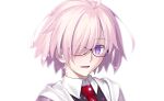  1girl absurdres fate/grand_order fate_(series) game_cg glasses highres hood hoodie mash_kyrielight necktie official_art pink_hair purple_eyes short_hair smile solo takeuchi_takashi 