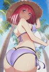  1girl ass ass_focus ball bangs beachball bikini blunt_bangs blush breasts closed_mouth commentary_request from_behind from_below go-toubun_no_hanayome hand_on_headwear hat highres holding holding_ball holding_beachball large_breasts looking_at_viewer looking_back nakano_nino palm_tree pink_hair short_hair side-tie_bikini smile solo straw_hat swimsuit tree umetasuku 