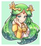  1girl armlet bunnnyui cropped_torso diadem forehead_jewel green_eyes green_hair highres kid_icarus kid_icarus_uprising long_hair outline palutena smile solo upper_body vambraces watermark white_outline 