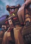  adi_(adivider) antennae cloud english_commentary facial_hair g_gundam gundam hat highres looking_ahead mecha mobile_suit mustache no_humans original portrait red_eyes red_scarf redesign robot scarf science_fiction super_robot tequila_gundam upper_body 