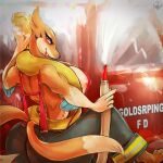 anthro big_breasts blush breasts clothing costume female firefighter floatzel fur generation_4_pokemon hi_res hose lovespell muscular muscular_female nintendo pokemon pokemon_(species) side_boob soap solo sponge tail teeth tongue tongue_out truck_(vehicle) vehicle water wet