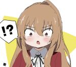  !? 1girl aisaka_taiga black_ribbon blazer blush brown_eyes brown_hair collared_shirt commentary_request hair_between_eyes highres jacket long_hair looking_down neck_ribbon oohashi_high_school_uniform open_mouth partial_commentary red_jacket ribbon school_uniform shirt signature solo speech_bubble spoken_interrobang sweatdrop tetsunro toradora! two-tone_background upper_body white_background white_shirt yellow_background 