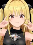  1girl \m/ absurdres artist_name bare_shoulders black_background blonde_hair blurry blush close-up closed_mouth commentary_request depth_of_field eyelashes eyes_visible_through_hair glint hair_between_eyes hair_intakes hands_up highres konjiki_no_yami lips long_hair looking_at_viewer red_eyes shukusei!!_loli-gami_requiem simple_background smile smirk solo to_love-ru tsurime two_side_up user_sjah7745 