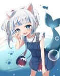  1girl absurdres animal_ears blue_eyes blue_hair fins fish_tail gawr_gura hair_ornament highres hololive hololive_english multicolored_hair open_mouth sharp_teeth side_ponytail snmdx streaked_hair tail teeth virtual_youtuber white_hair 