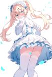  1girl ai-generated blonde_hair blue_eyes blush dress frilled_dress frills from_below highres lace-trimmed_legwear lace_trim looking_at_viewer medium_hair original redraw_0 simple_background solo thighhighs twintails white_background 