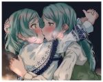  2girls aqua_hair bang_dream! blush dress extreme_yuri_buta green_dress green_eyes highres hikawa_hina hikawa_sayo incest kiss long_hair looking_at_another medium_hair multiple_girls shawl shirt siblings sisters twincest twins white_shawl white_shirt yuri 