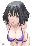  1girl artist_name bent_over bikini black_hair breasts brown_eyes cleavage collarbone commentary_request covered_nipples cowboy_shot haguro_(kancolle) highres kantai_collection large_breasts looking_at_viewer purple_bikini short_hair simple_background solo swimsuit t2r white_background 