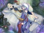  1girl 1other ambiguous_gender bandaged_foot bandages bare_shoulders bed blonde_hair boots bridal_gauntlets coat crystal fire_emblem fire_emblem_heroes gold_trim hair_over_one_eye highres hood hooded_coat kiran_(fire_emblem) kousetu0506 kvasir_(fire_emblem) lying on_back pitcher_(container) sitting smile talking unworn_footwear white_coat 