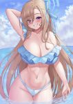  1girl armpits asuna_(blue_archive) bare_legs bare_shoulders bikini blue_archive blue_bikini blue_eyes blue_halo blue_ribbon blush breasts cleavage cowboy_shot grin groin hair_ribbon halo highres large_breasts light_brown_hair long_hair looking_at_viewer mole mole_on_breast navel pcreambang ribbon smile solo swimsuit wet 
