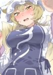  1girl blonde_hair blue_tabard blurry blush breasts commentary depth_of_field dress flying_sweatdrops fox_tail frilled_hat frilled_sleeves frills furrowed_brow hair_between_eyes hat highres large_breasts long_sleeves mob_cap multiple_tails open_mouth short_hair simple_background sobayu_to_tenpura solo sweat tabard tail tassel touhou upper_body white_background white_dress white_headwear yakumo_ran yellow_eyes 
