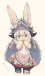  1other animal_ears brown_background brown_eyes full_body furry grey_hair hair_between_eyes hands_up kuromiya long_hair looking_at_viewer made_in_abyss nanachi_(made_in_abyss) one-hour_drawing_challenge open_mouth pants simple_background solo standing twitter_username very_long_hair white_pants 