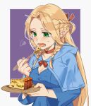  1girl blonde_hair blue_capelet blue_dress braid breasts capelet choker cleavage dress dungeon_meshi eating elf fang food french_braid green_eyes hair_around_ear half_updo hand_up holding holding_plate holding_spoon hood hood_down hooded_capelet long_hair long_sleeves looking_down m7lka marcille_donato multiple_braids open_mouth outside_border parted_bangs pie pie_slice plate pointy_ears purple_background side_braid solo spoon squiggle tongue upper_body worried 