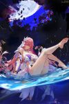  1girl bare_shoulders barefoot blush breasts closed_mouth elysia_(herrscher_of_human:ego)_(honkai_impact) elysia_(honkai_impact) feet hair_ornament highres honkai_(series) honkai_impact_3rd large_breasts long_hair looking_at_viewer misaka_12003-gou pink_hair purple_eyes sitting smile soles solo thighs toes water 