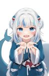  1girl absurdres blue_eyes blue_hair blue_nails fins fish_tail gawr_gura hair_ornament highres hololive hololive_english looking_at_viewer missing_tooth multicolored_hair open_mouth shark_tail snmdx streaked_hair tail virtual_youtuber white_hair 