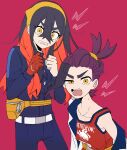  1boy 1girl absurdres angry bag black_hair blueberry_academy_school_uniform brother_and_sister bujin_bb carmine_(pokemon) clenched_teeth crossed_bangs fanny_pack gloves hair_between_eyes highres kieran_(pokemon) long_hair looking_at_viewer mole mole_on_neck mole_under_eye multicolored_hair off_shoulder open_mouth orange_eyes pants pokemon pokemon_sv purple_hair red_background red_gloves red_hair school_uniform siblings simple_background single_glove tank_top teeth 