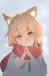  1girl absurdres animal_ears blonde_hair breath commentary_request finger_touching fox_ears fox_girl fox_tail green_ribbon head_tilt highres kudamaki_tsukasa open_mouth outdoors red_scarf ribbon romper scarf short_hair solo tail tentyuu_th touhou white_romper yellow_eyes 