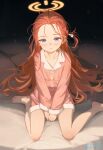  1girl absurdres barefoot blue_archive blue_eyes bow braid buttons commentary forehead hair_bow halo highres long_hair long_sleeves looking_at_viewer pajamas parted_lips pink_pajamas red_hair sitting solo symbol-only_commentary toes wariza white_bow yellow_halo youyueyue yuzu_(blue_archive) 