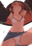  1girl armpits bare_shoulders bikini bikini_under_clothes black_jacket blue_skirt breasts brown_eyes brown_hair closed_mouth crotch_seam denim denim_skirt from_below fu-ta highleg highleg_bikini highres jacket long_hair long_sleeves looking_at_viewer looking_down miniskirt navel open_clothes open_jacket original ponytail skirt small_breasts solo stomach string_bikini sweat swimsuit thighs usami_taiga white_bikini 