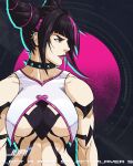  1girl black_background black_hair body_markings breasts character_name closed_mouth collar commentary diagonal_bangs drill_hair english_commentary hair_horns hair_intakes han_juri highres jhony_caballero large_breasts looking_to_the_side medium_hair multicolored_hair pink_background pink_eyes pink_hair pink_lips solo spiked_collar spikes streaked_hair street_fighter street_fighter_6 twin_drills two-tone_background two-tone_hair upper_body 